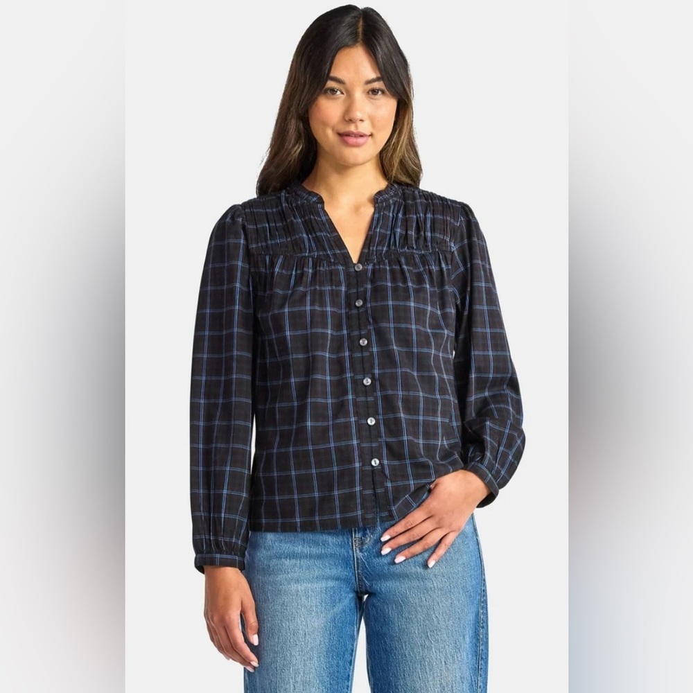 Time and Tru Black Plaid Button-Front Shirt with Blue Windowpane